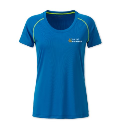 T-shirt blu da donna in poliestere con maniche corte.