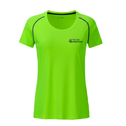 T-shirt sportiva da donna in poliestere verde neon a maniche corte.
