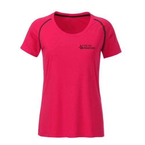 T-shirt sportiva da donna in poliestere rosa neon/grigio a maniche corte.