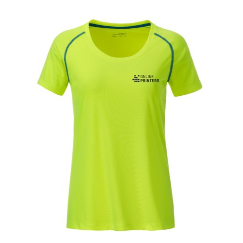 T-shirt sportiva da donna in poliestere giallo neon/blu con maniche corte.