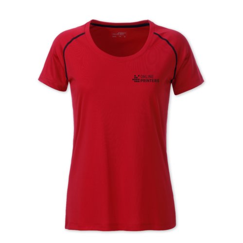T-shirt rossa in poliestere da donna a maniche corte.