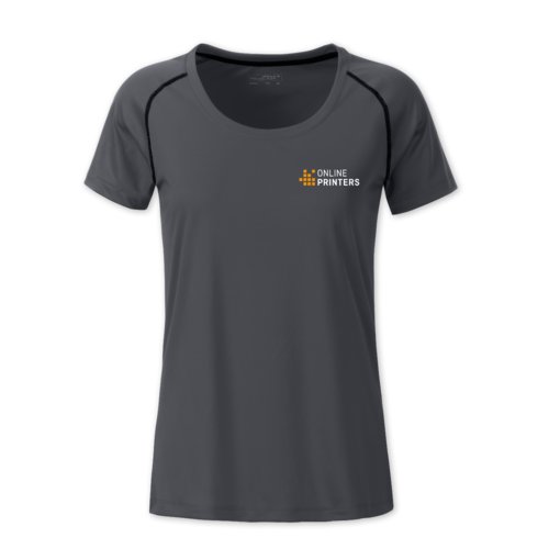 T-shirt sportiva da donna in poliestere grigio scuro con maniche corte.