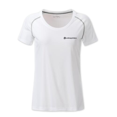 T-shirt bianca in poliestere da donna con maniche corte.