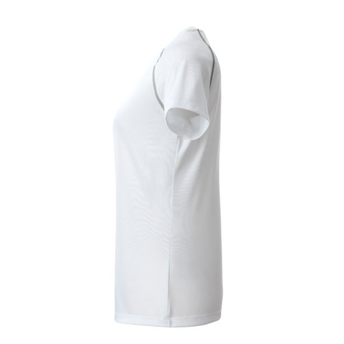 T-shirt bianca in poliestere da donna con maniche corte.