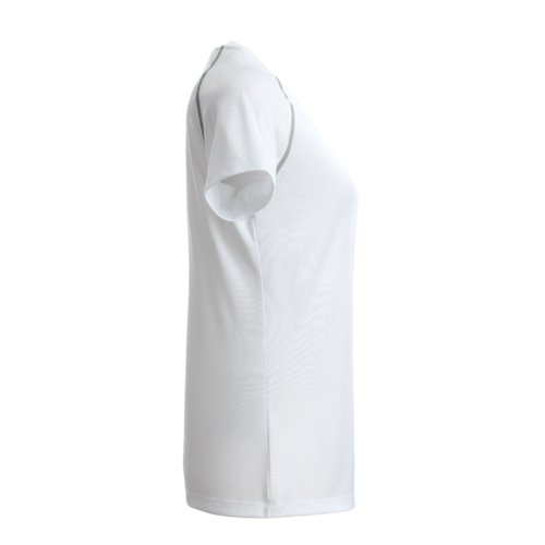 T-shirt bianca in poliestere da donna con maniche corte.