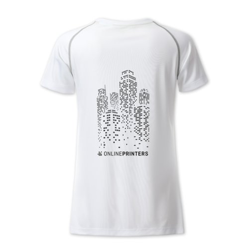T-shirt bianca in poliestere da donna con maniche corte.