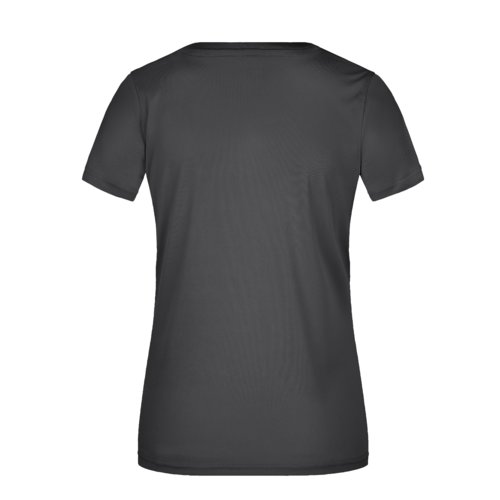 T-shirt nera in poliestere con scollo a V e maniche corte.