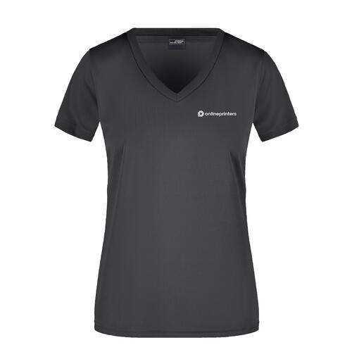 T-shirt nera da donna in poliestere con scollo a V.