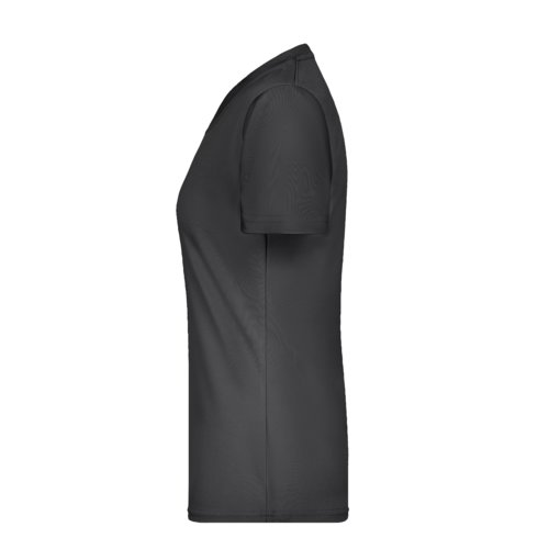 T-shirt nera da donna in poliestere con scollo a V e maniche corte.