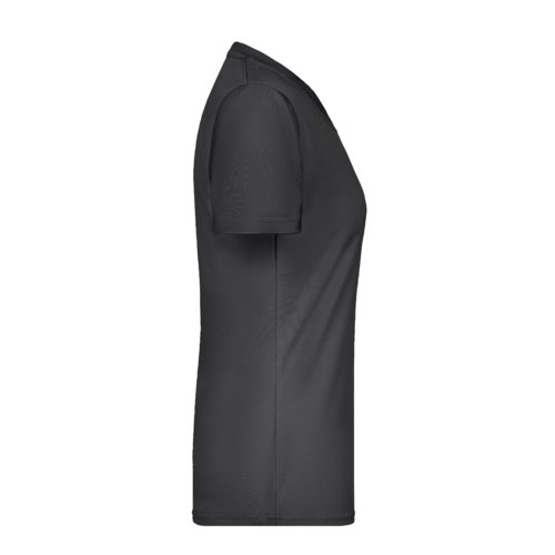 T-shirt nera da donna in poliestere con scollo a V e maniche corte.