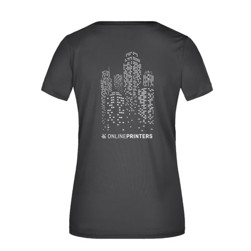 T-shirt nera da donna in poliestere con scollo a V.