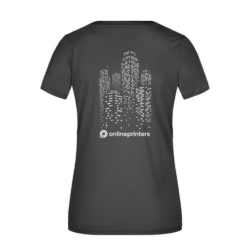 T-shirt nera da donna in poliestere con scollo a V.