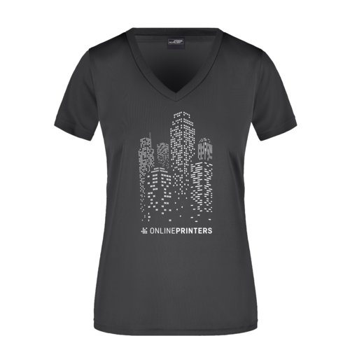T-shirt nera da donna in poliestere con scollo a V.