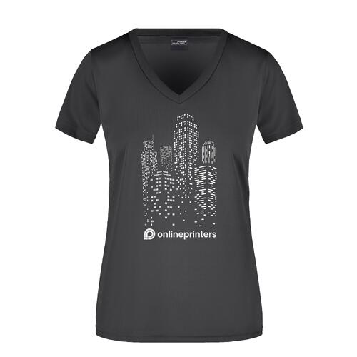 T-shirt nera da donna in poliestere con scollo a V.