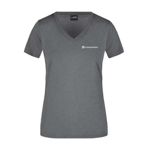 T-shirt da donna in poliestere grigio scuro m�lange con scollo a V.