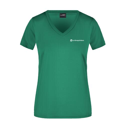 Maglietta funzionale verde da donna con scollo a V e maniche corte.