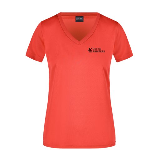 T-shirt rossa da donna in poliestere con scollo a V e maniche corte.