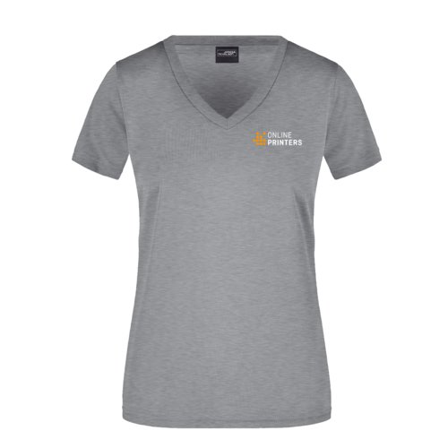 T-shirt in poliestere grigio mlange con scollo a V da donna.