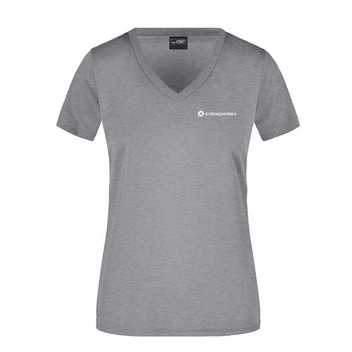 T-shirt in poliestere grigio m�lange con scollo a V da donna.