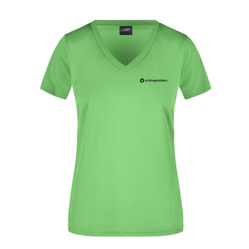 T-shirt da donna in poliestere verde mela con scollo a V.