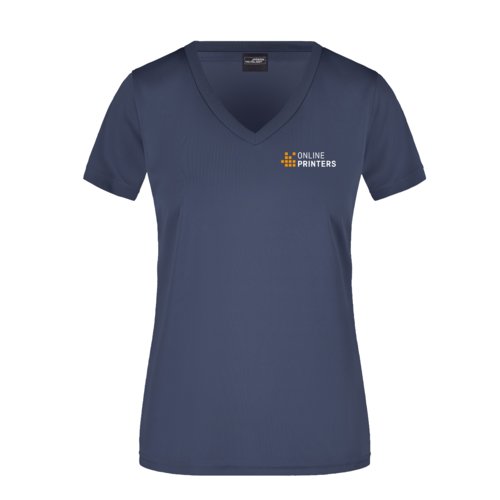 T-shirt da donna blu-nera in poliestere con scollo a V.