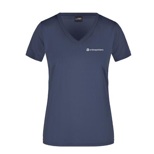 T-shirt da donna blu-nera in poliestere con scollo a V.