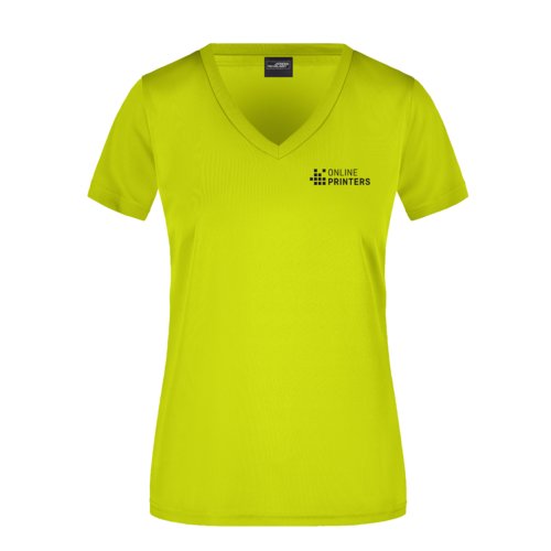 T-shirt da donna in poliestere giallo neon con scollo a V.