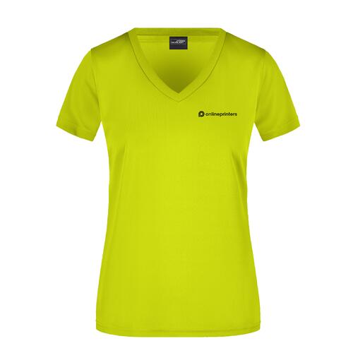 T-shirt da donna in poliestere giallo neon con scollo a V.