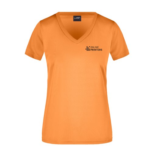 T-shirt arancione in poliestere con scollo a V da donna.