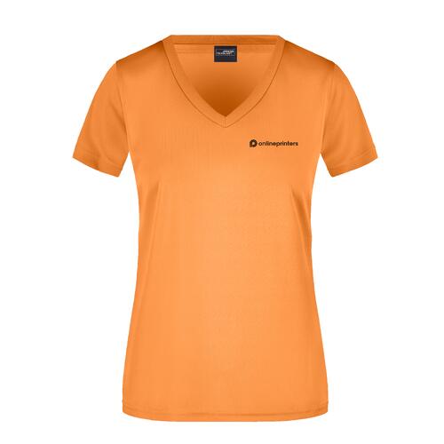 T-shirt arancione in poliestere con scollo a V da donna.