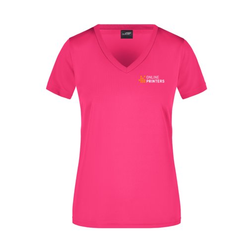 T-shirt da donna rosa in poliestere con scollo a V e maniche corte.
