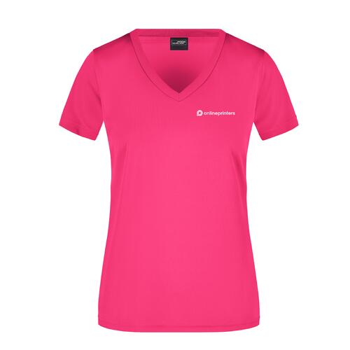 T-shirt da donna rosa in poliestere con scollo a V e maniche corte.