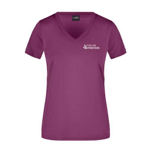 T-shirt viola in poliestere con scollo a V da donna.