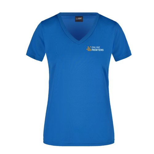 T-shirt da donna in poliestere blu royal con scollo a V e maniche corte.