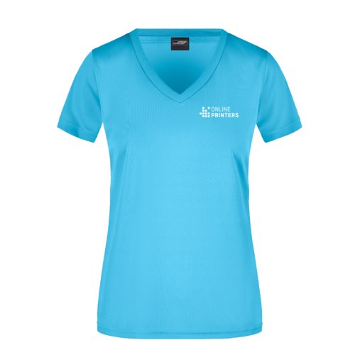 T-shirt turchese in poliestere con scollo a V da donna.
