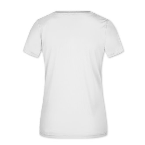 T-shirt bianca da donna in poliestere con scollo a V e maniche corte.