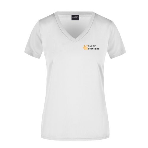 T-shirt bianca in poliestere da donna con scollo a V e maniche corte.