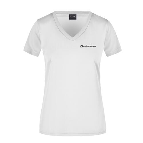 T-shirt bianca in poliestere da donna con scollo a V e maniche corte.