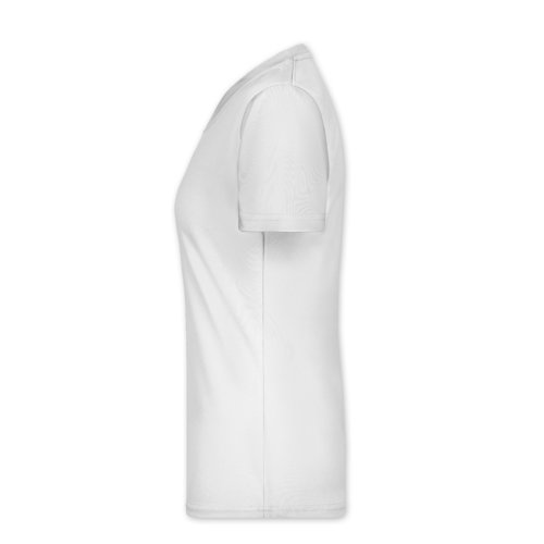T-shirt bianca in poliestere con scollo a V da donna.