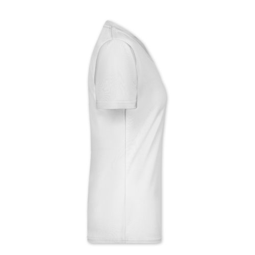 T-shirt bianca da donna in poliestere con scollo a V.