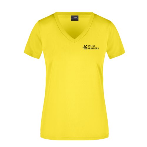 T-shirt gialla in poliestere con scollo a V da donna.