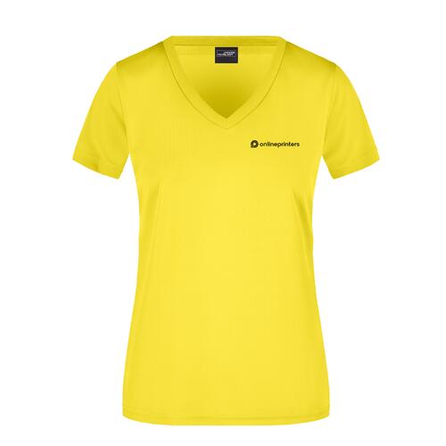 T-shirt gialla in poliestere con scollo a V da donna.