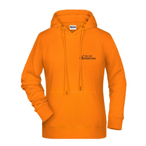 Felpa con cappuccio da donna arancione in cotone-poliestere con cappuccio e tasca a marsupio.
