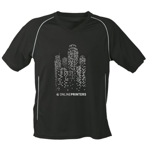 T-shirt in poliestere bianco e nero con scollo a V e maniche corte.
