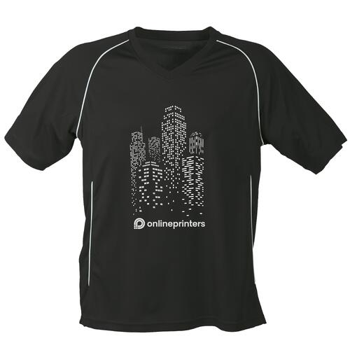 T-shirt in poliestere bianco e nero con scollo a V e maniche corte.