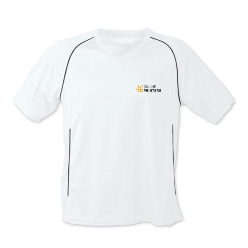 T-shirt in poliestere bianca e nera a maniche corte.