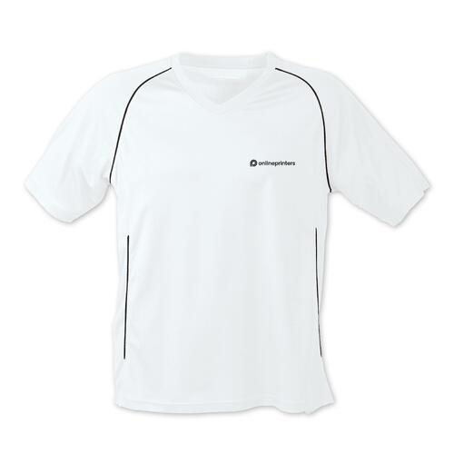 T-shirt in poliestere bianca e nera a maniche corte.