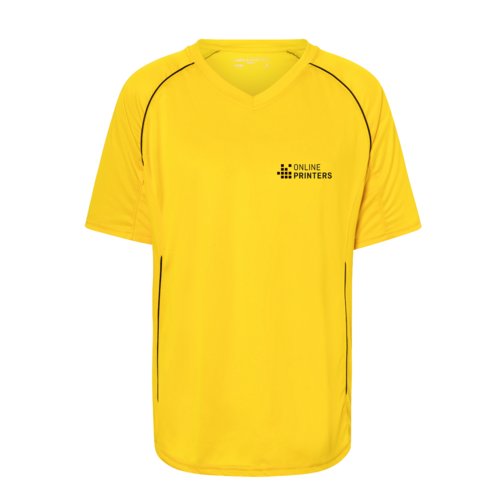 T-shirt gialla in poliestere con scollo a V e maniche corte.