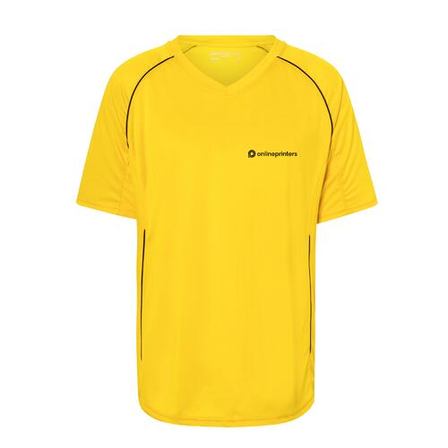 T-shirt gialla in poliestere con scollo a V e maniche corte.