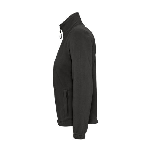 Giacca in pile di poliestere nera con zip integrale e tasche laterali da donna.